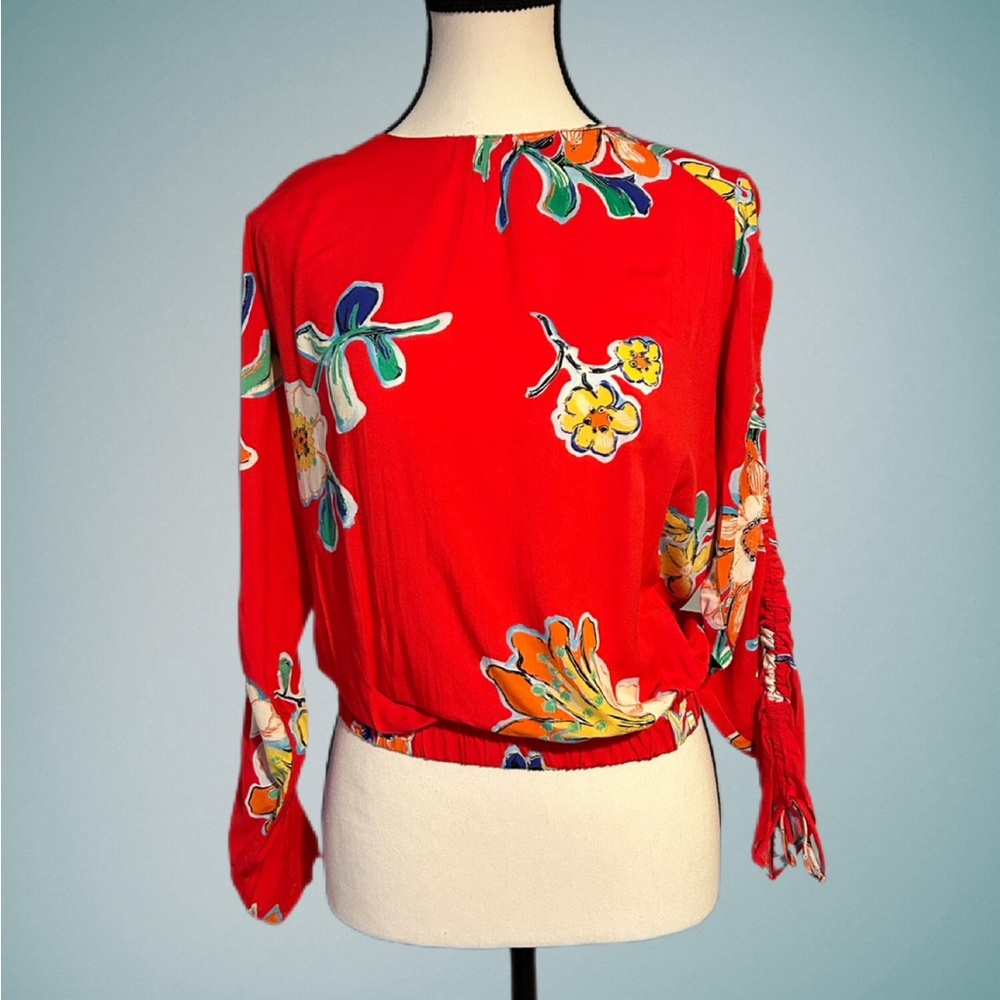 🔥🆕🔥 Desigual Floral Red Blouse with Ruched Sleeves